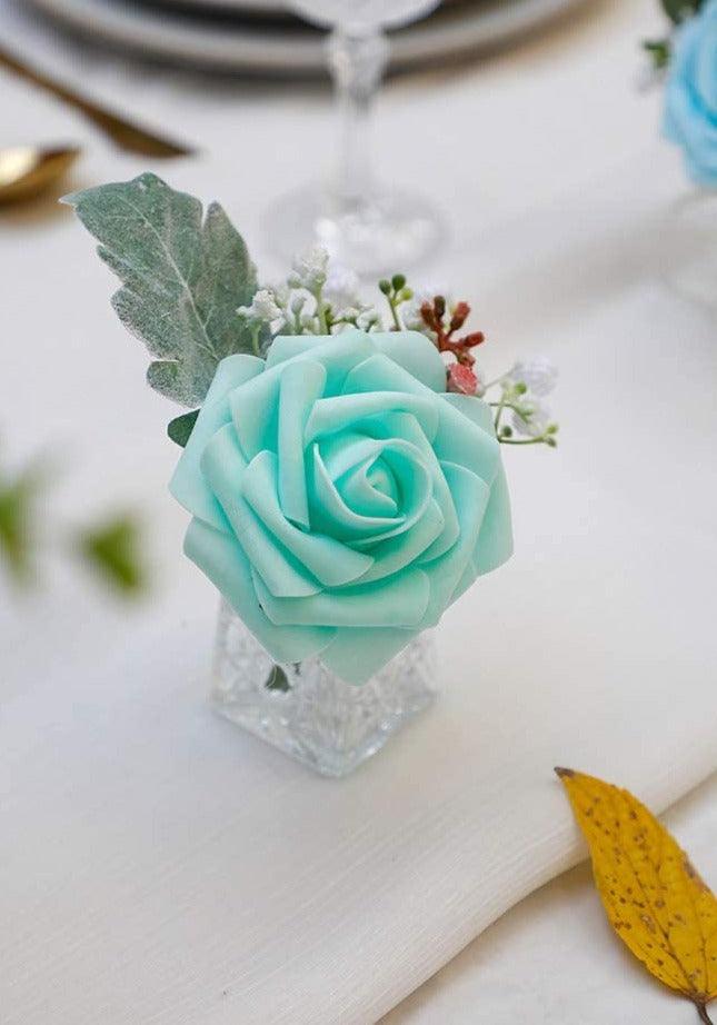 Real Looking Robin's Egg Blue Foam Fake Roses with Stems for DIY Wedding Bouquets Baby Shower Centerpieces - Decotree.co Online Shop
