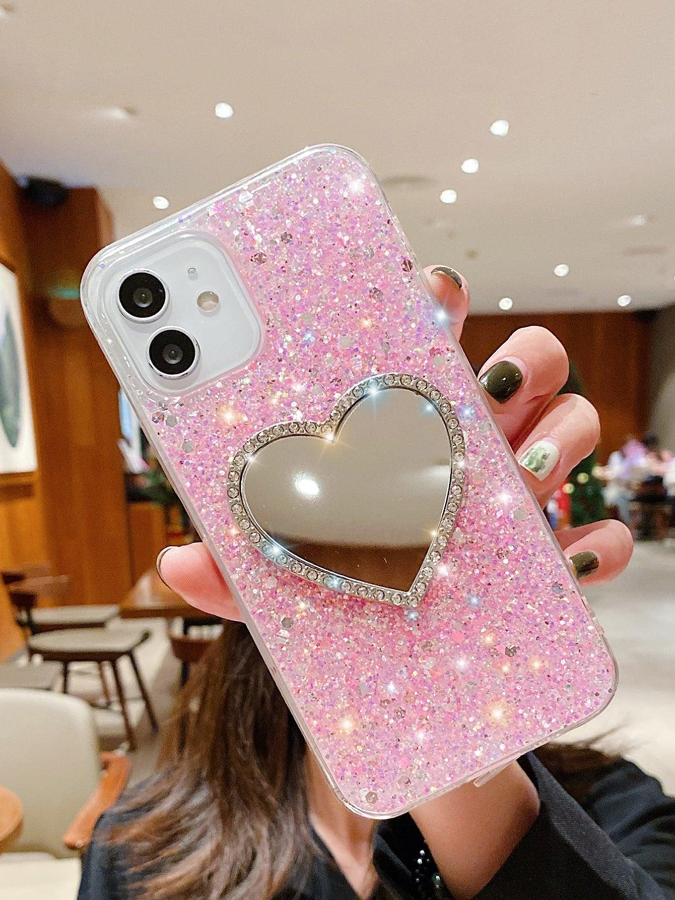 Rhinestone Decor Heart Shaped Mirror Glitter Phone Case - Decotree.co Online Shop