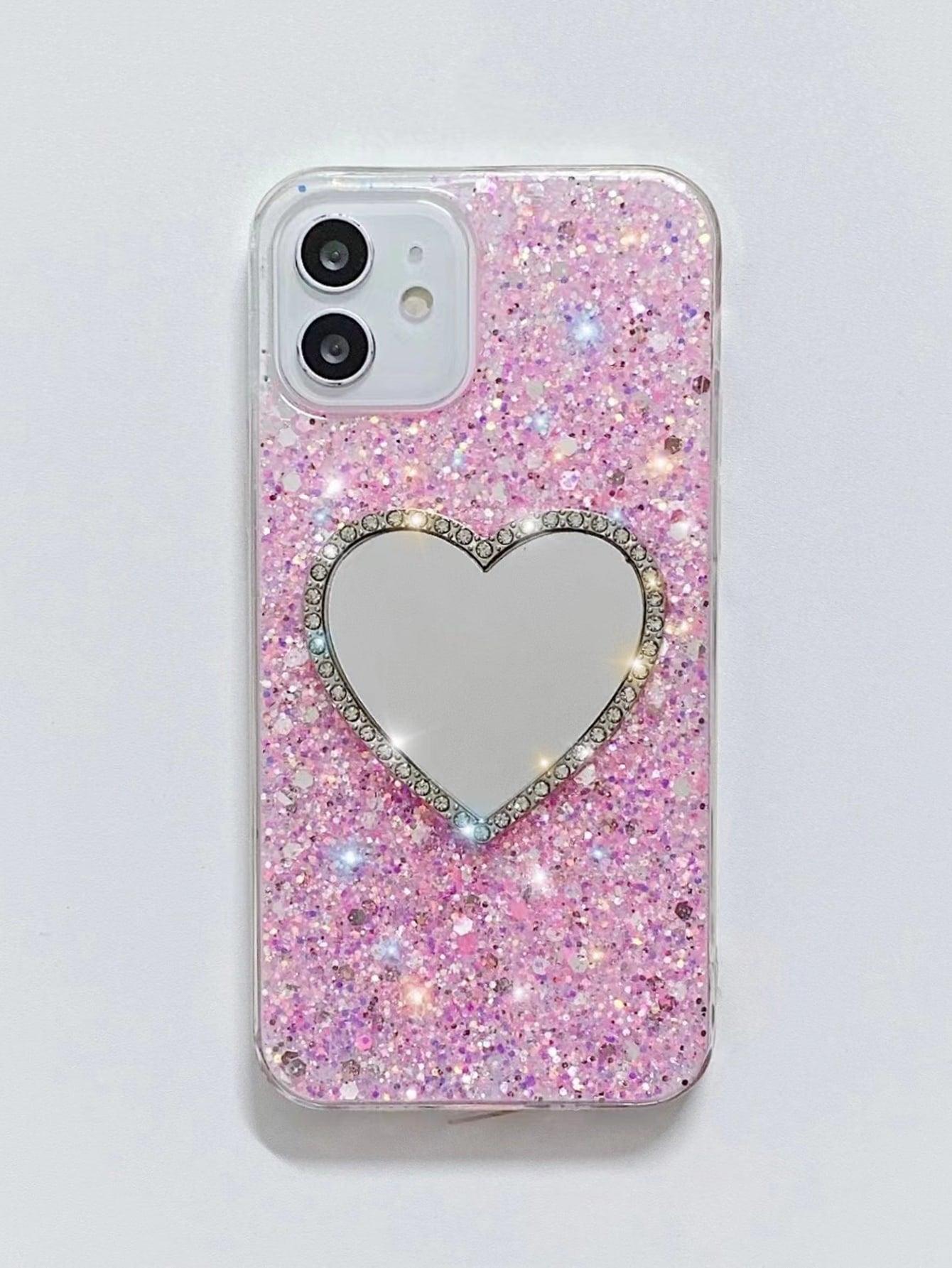 Rhinestone Decor Heart Shaped Mirror Glitter Phone Case - Decotree.co Online Shop