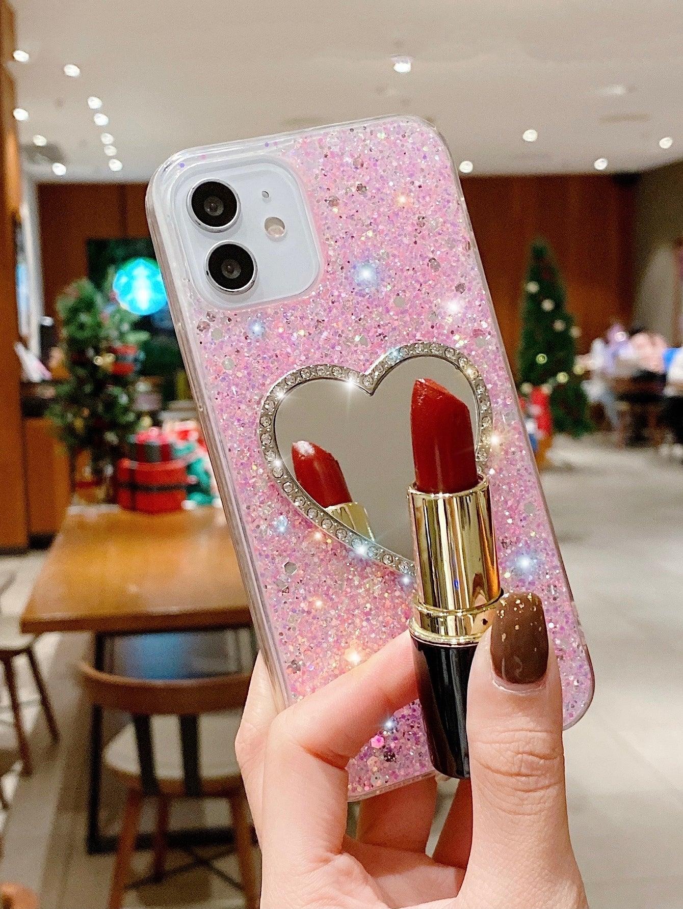 Rhinestone Decor Heart Shaped Mirror Glitter Phone Case - Decotree.co Online Shop