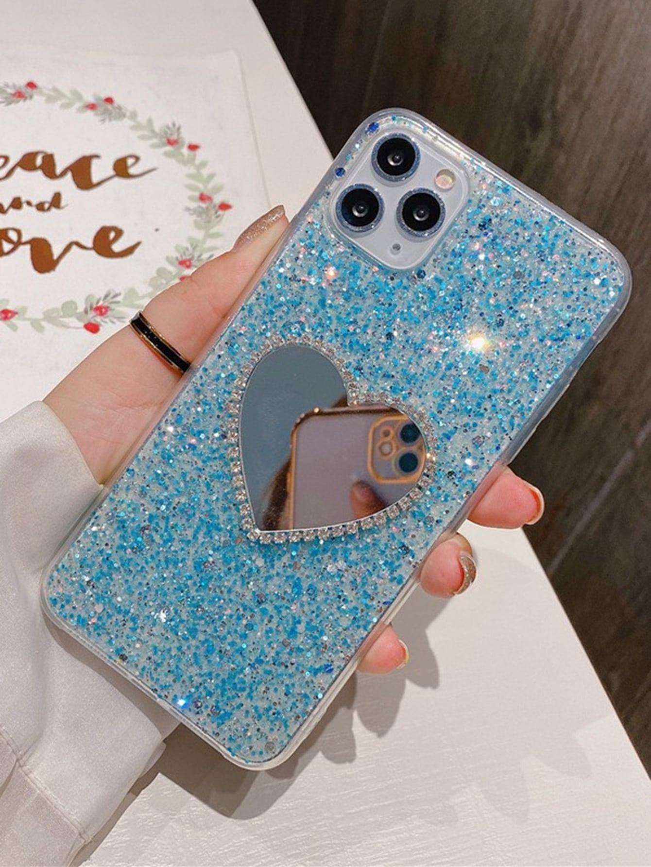 Rhinestone Decor Heart Shaped Mirror Glitter Phone Case - Decotree.co Online Shop