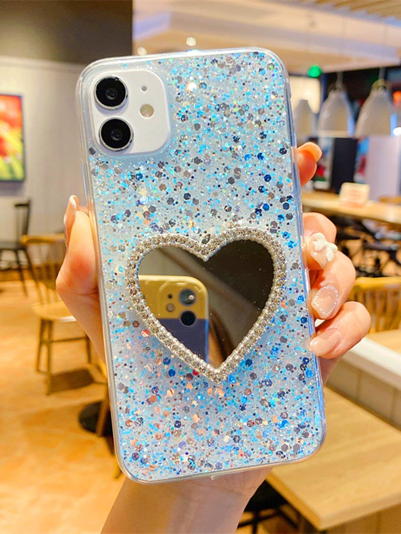 Rhinestone Decor Heart Shaped Mirror Glitter Phone Case - Decotree.co Online Shop
