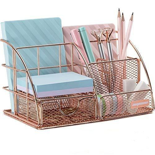 Rose Gold Desk Organizer for Women, Mesh Office Supplies Desk Accessories, Features 5 Compartments + 1 Mini Sliding Drawer - Decotree.co Online Shop