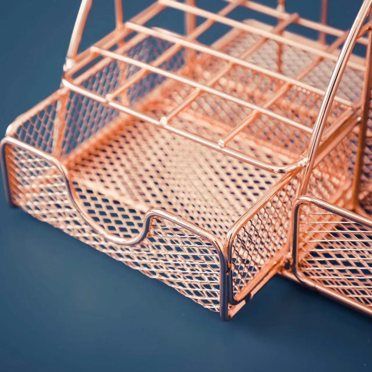 Rose Gold Desk Organizer for Women, Mesh Office Supplies Desk Accessories, Features 5 Compartments + 1 Mini Sliding Drawer - Decotree.co Online Shop