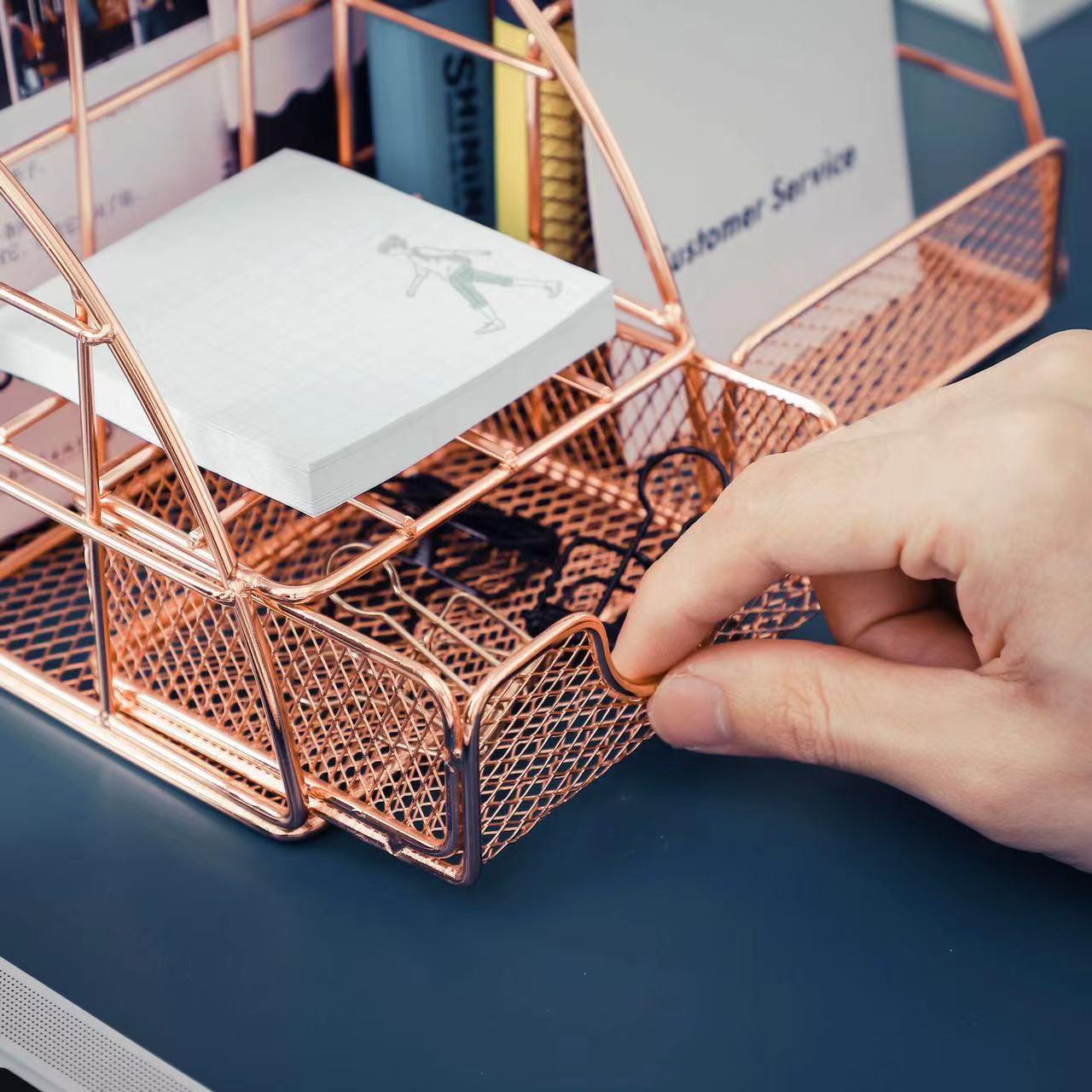 Rose Gold Desk Organizer for Women, Mesh Office Supplies Desk Accessories, Features 5 Compartments + 1 Mini Sliding Drawer - Decotree.co Online Shop