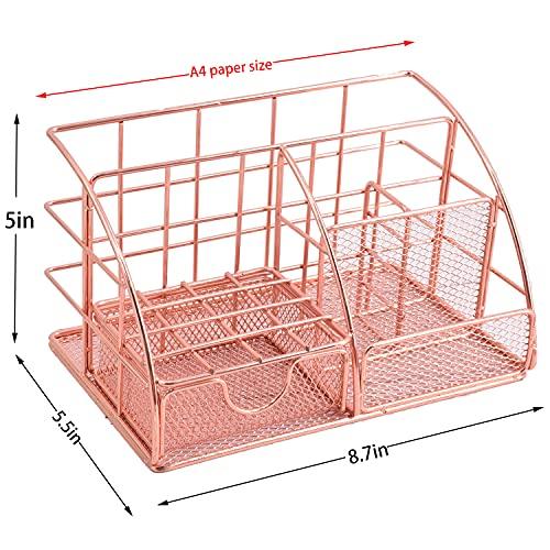Rose Gold Desk Organizer for Women, Mesh Office Supplies Desk Accessories, Features 5 Compartments + 1 Mini Sliding Drawer - Decotree.co Online Shop