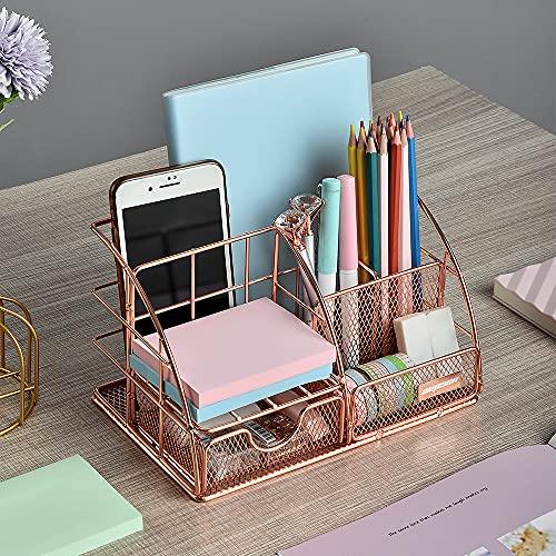 Rose Gold Desk Organizer for Women, Mesh Office Supplies Desk Accessories, Features 5 Compartments + 1 Mini Sliding Drawer - Decotree.co Online Shop