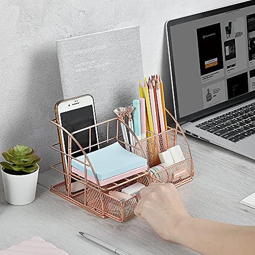 Rose Gold Desk Organizer for Women, Mesh Office Supplies Desk Accessories, Features 5 Compartments + 1 Mini Sliding Drawer - Decotree.co Online Shop