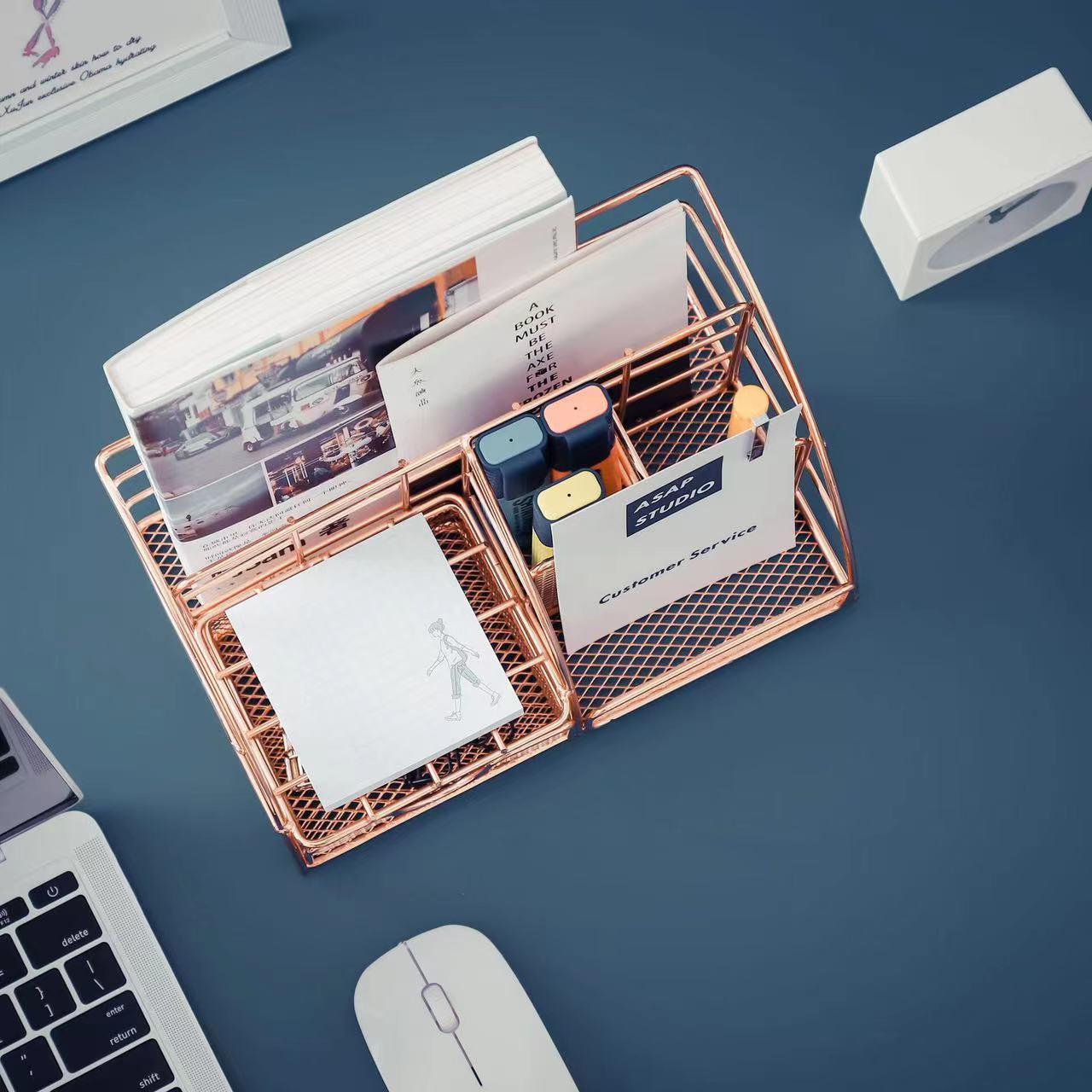 Rose Gold Desk Organizer for Women, Mesh Office Supplies Desk Accessories, Features 5 Compartments + 1 Mini Sliding Drawer - Decotree.co Online Shop