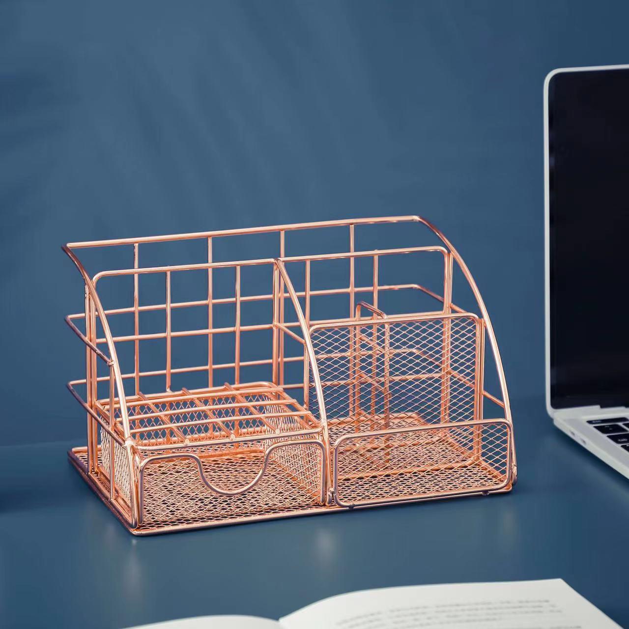Rose Gold Desk Organizer for Women, Mesh Office Supplies Desk Accessories, Features 5 Compartments + 1 Mini Sliding Drawer - Decotree.co Online Shop