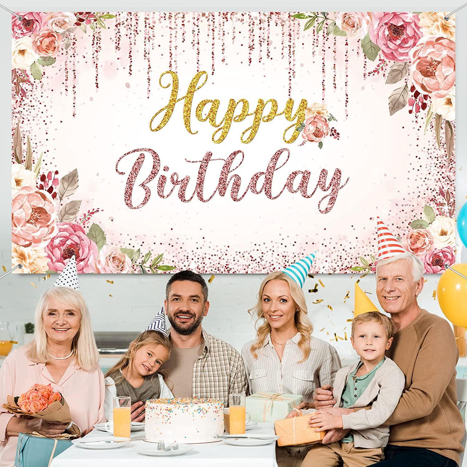 Rose Gold Happy Birthday Backdrop Decorations for Women Pink and Gold Background - Decotree.co Online Shop