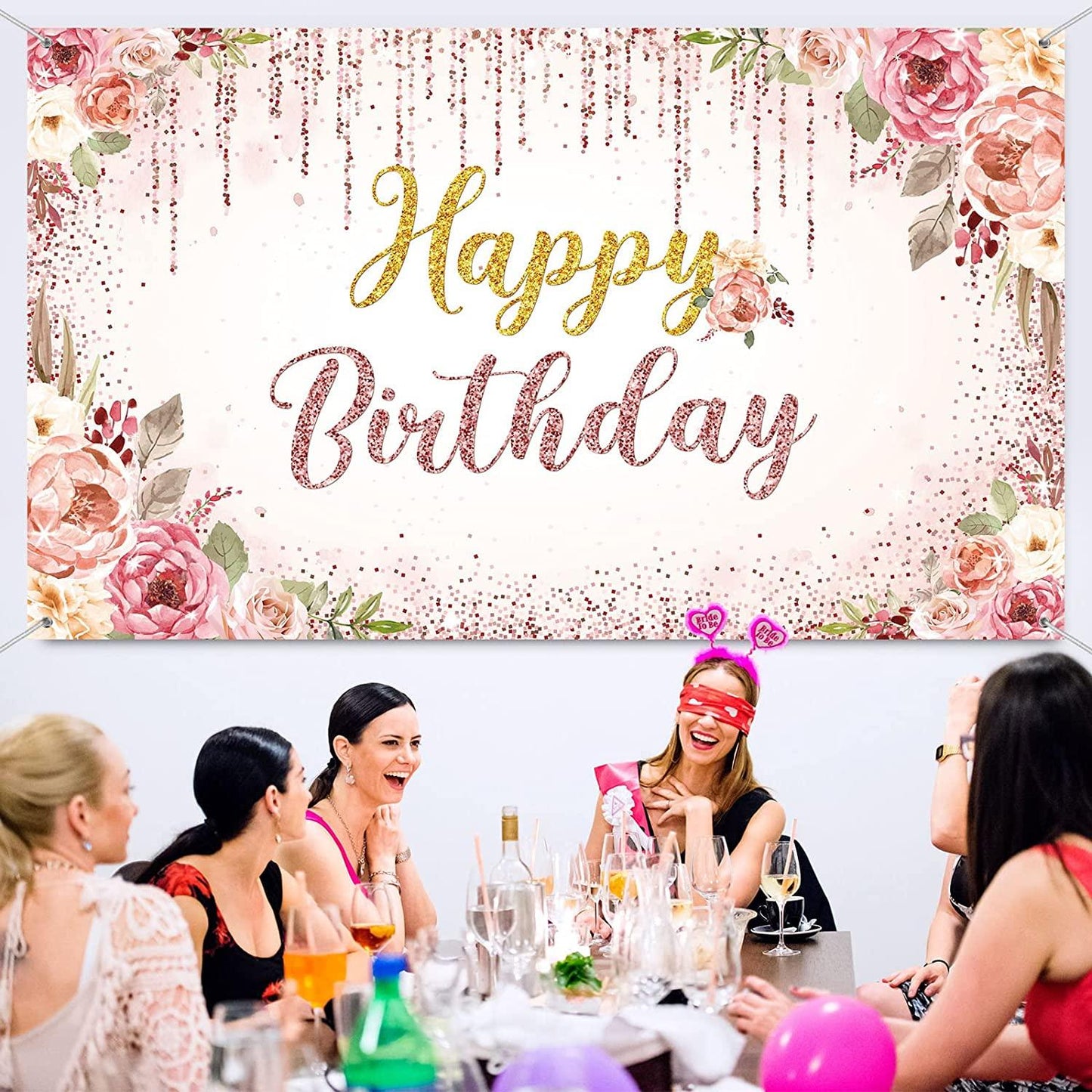 Rose Gold Happy Birthday Backdrop Decorations for Women Pink and Gold Background - Decotree.co Online Shop
