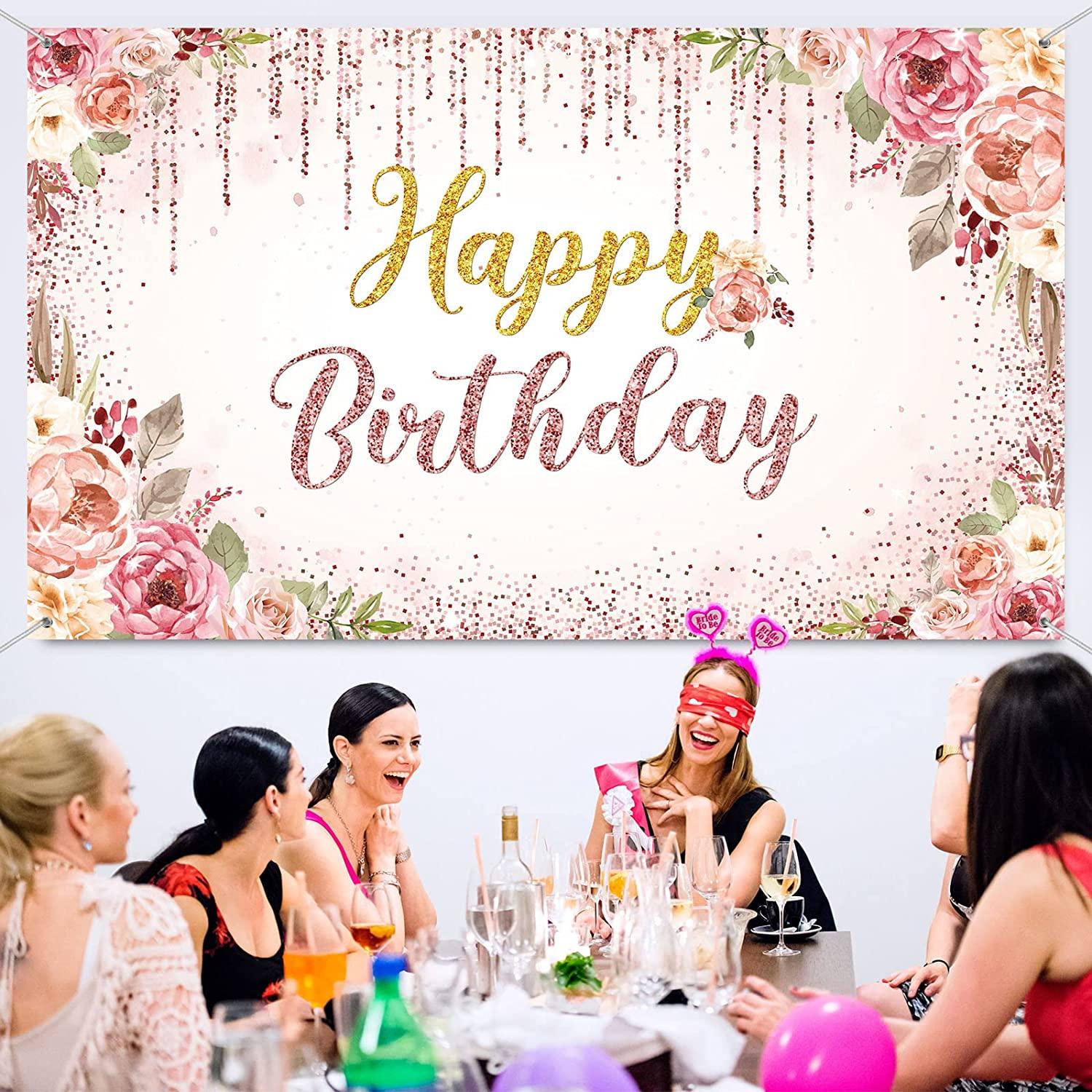 Rose Gold Happy Birthday Backdrop Decorations for Women Pink and Gold Background - Decotree.co Online Shop