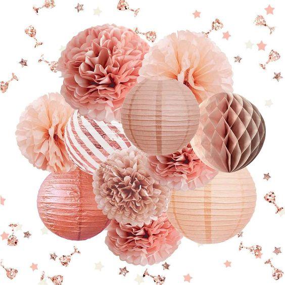 Rose Gold Party Decorations -11PCS Elegant Party Supplies Tissue Pom Poms Paper Lantern Baby Shower Birthday Bachelorette Party Decorations - Decotree.co Online Shop