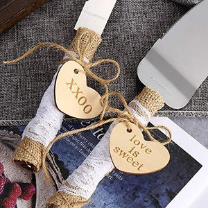 Rustic Style Stainless Steel Wedding Cake Knife and Serving Set Resin Plastic Handle with Twine Heart Love Wood Tag and Burlap Lace Design - Decotree.co Online Shop