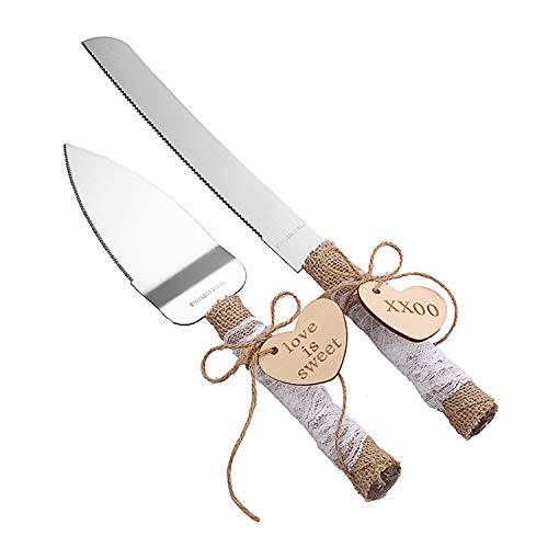Rustic Style Stainless Steel Wedding Cake Knife and Serving Set Resin Plastic Handle with Twine Heart Love Wood Tag and Burlap Lace Design - Decotree.co Online Shop