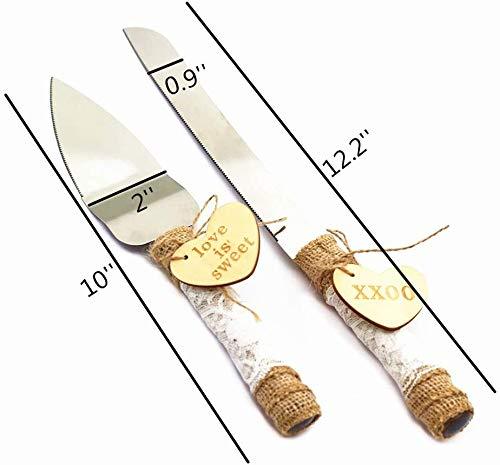 Rustic Style Stainless Steel Wedding Cake Knife and Serving Set Resin Plastic Handle with Twine Heart Love Wood Tag and Burlap Lace Design - Decotree.co Online Shop
