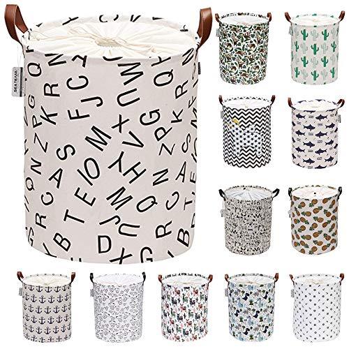 Sea Team Letter Pattern Laundry Hamper Canvas Fabric Laundry Basket Collapsible Storage Bin with PU Leather Handles and Drawstring Closure, 19.7 by 15.7 inches, Black - Decotree.co Online Shop