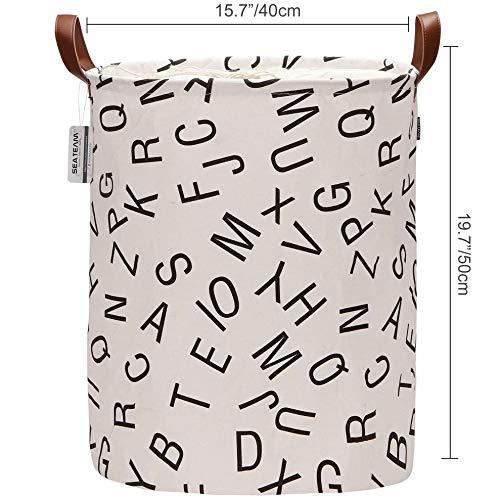 Sea Team Letter Pattern Laundry Hamper Canvas Fabric Laundry Basket Collapsible Storage Bin with PU Leather Handles and Drawstring Closure, 19.7 by 15.7 inches, Black - Decotree.co Online Shop