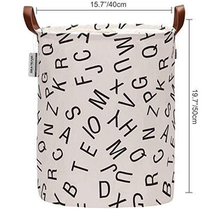 Sea Team Letter Pattern Laundry Hamper Canvas Fabric Laundry Basket Collapsible Storage Bin with PU Leather Handles and Drawstring Closure, 19.7 by 15.7 inches, Black - Decotree.co Online Shop