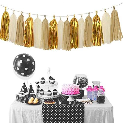 Shiny Tassel Garland Tissue Paper Tassels Banner Decoration for Birthday Party, Bridal Shower, Table Decor, Metallic Gold+Tan+Ivory, 15 pcs - Decotree.co Online Shop