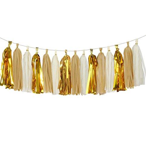 Shiny Tassel Garland Tissue Paper Tassels Banner Decoration for Birthday Party, Bridal Shower, Table Decor, Metallic Gold+Tan+Ivory, 15 pcs - Decotree.co Online Shop