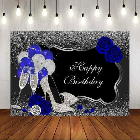 Sliver and Black Happy Birthday Backdrop Glitter Sequin High Heels Champagne Glasses Red Rose Balloons - Decotree.co Online Shop