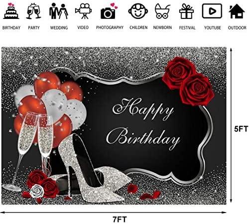 Sliver and Black Happy Birthday Backdrop Glitter Sequin High Heels Champagne Glasses Red Rose Balloons - Decotree.co Online Shop