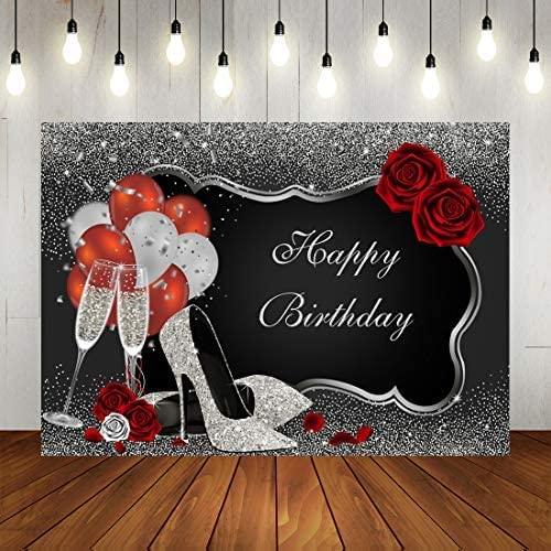 Sliver and Black Happy Birthday Backdrop Glitter Sequin High Heels Champagne Glasses Red Rose Balloons - Decotree.co Online Shop