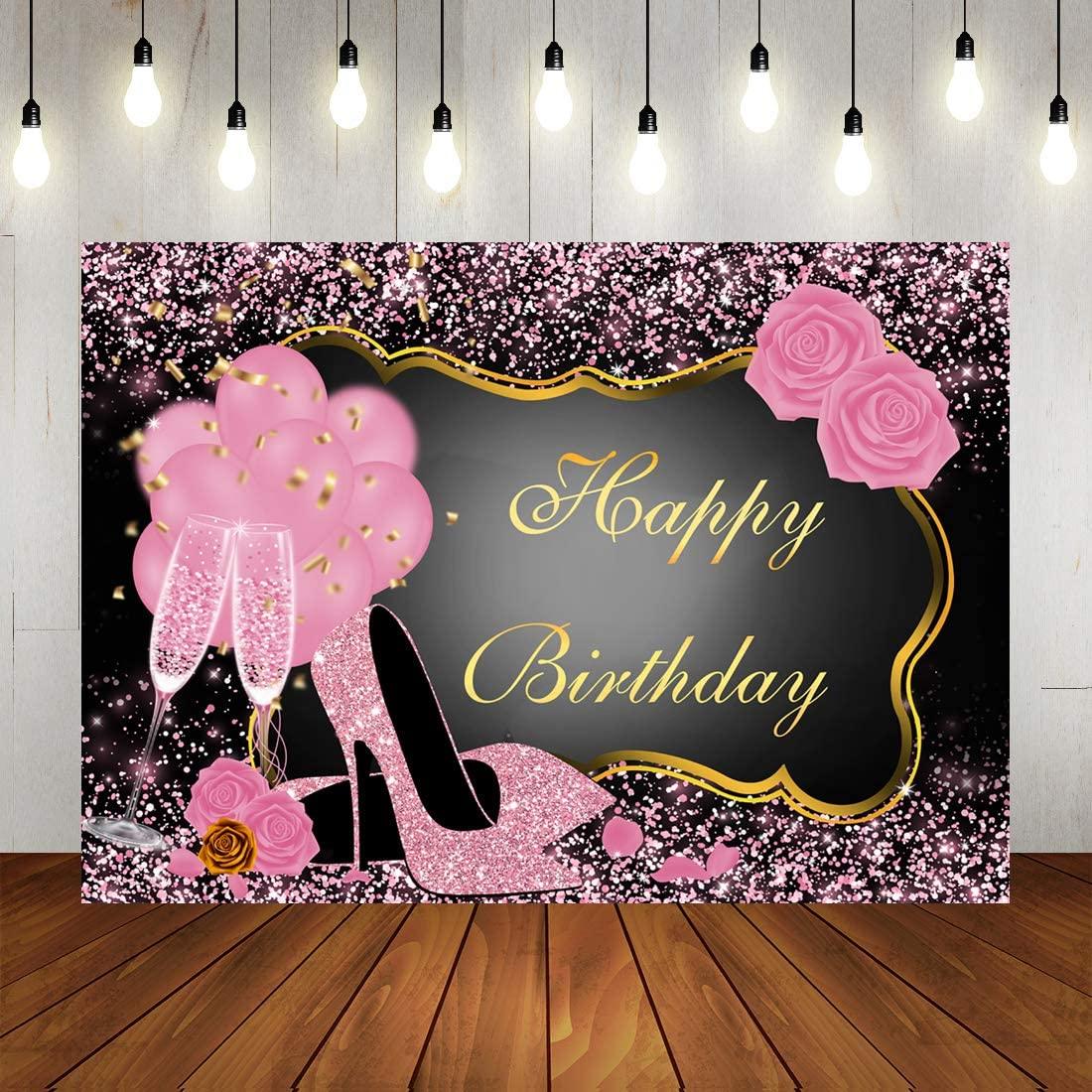 Sliver and Black Happy Birthday Backdrop Glitter Sequin High Heels Champagne Glasses Red Rose Balloons - Decotree.co Online Shop