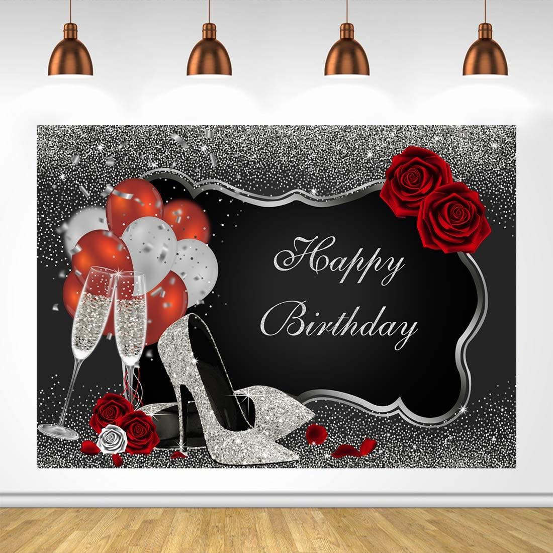 Sliver and Black Happy Birthday Backdrop Glitter Sequin High Heels Champagne Glasses Red Rose Balloons - Decotree.co Online Shop