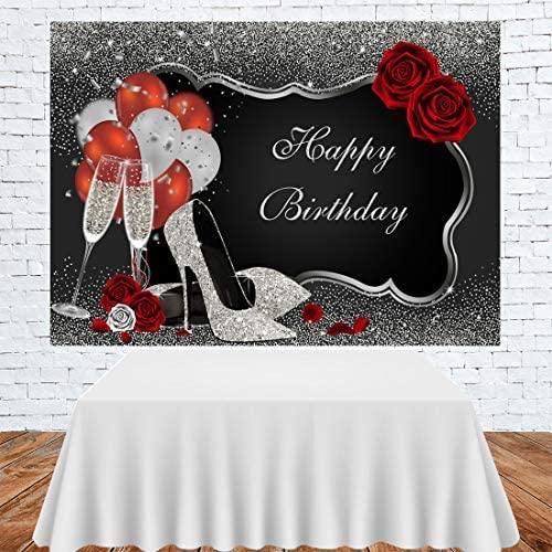 Sliver and Black Happy Birthday Backdrop Glitter Sequin High Heels Champagne Glasses Red Rose Balloons - Decotree.co Online Shop