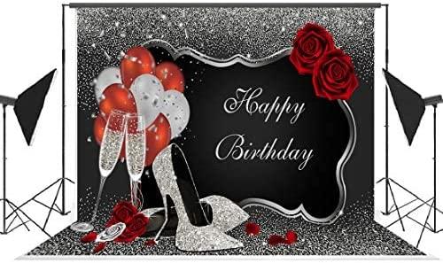 Sliver and Black Happy Birthday Backdrop Glitter Sequin High Heels Champagne Glasses Red Rose Balloons - Decotree.co Online Shop