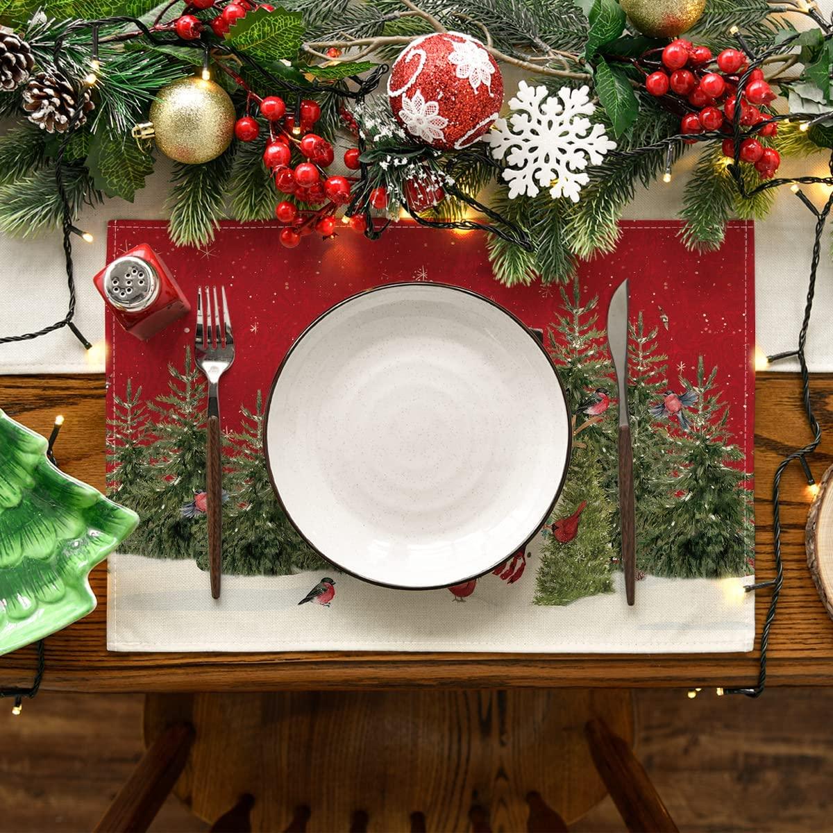 Snowman Cardinals Trees Christmas Placemats for Dining Table, 12 x 18 Inch Xmas Holiday Rustic Vintage Thanksgiving Washable Table Mats Set of 4 - Decotree.co Online Shop