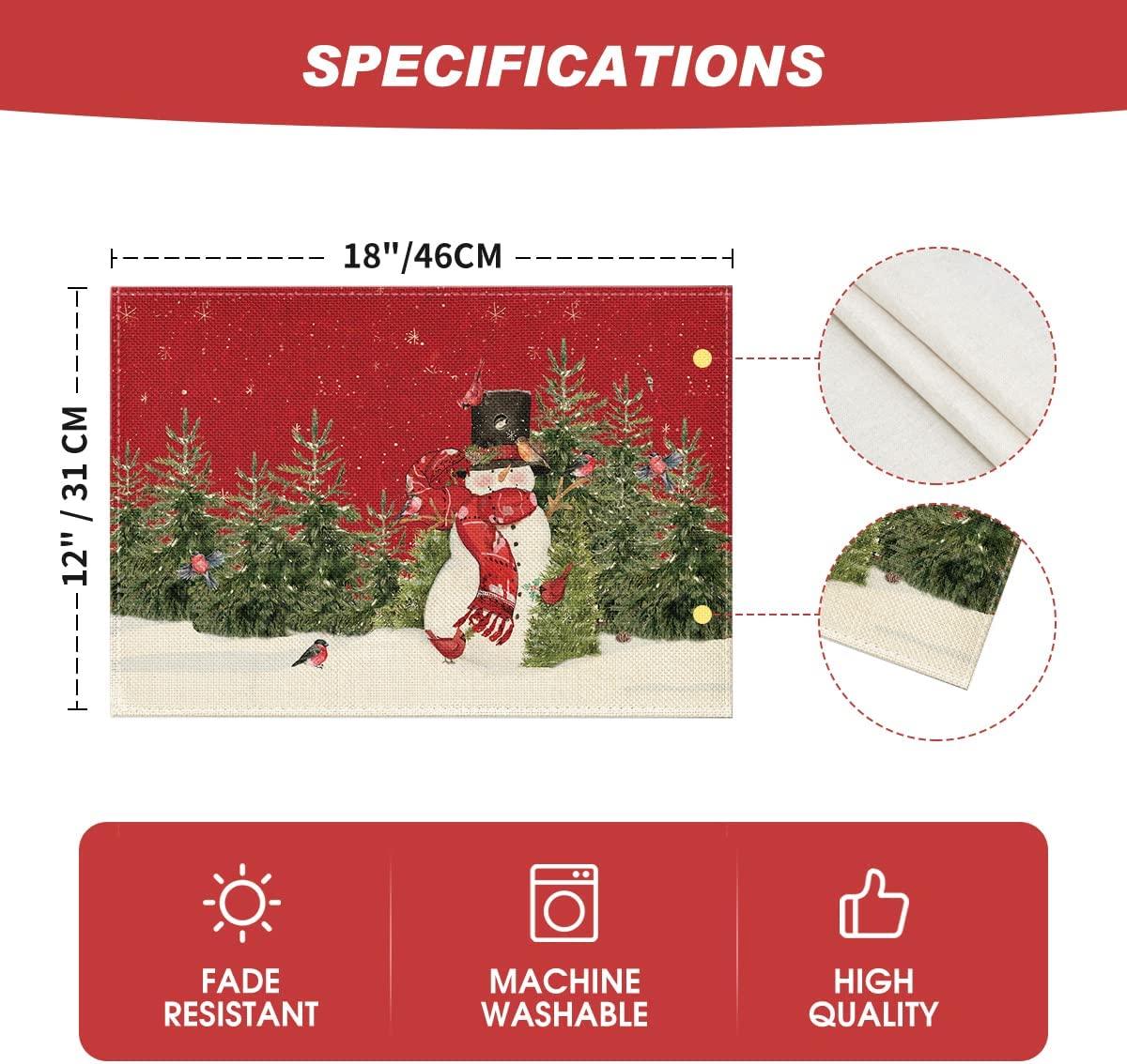Snowman Cardinals Trees Christmas Placemats for Dining Table, 12 x 18 Inch Xmas Holiday Rustic Vintage Thanksgiving Washable Table Mats Set of 4 - Decotree.co Online Shop