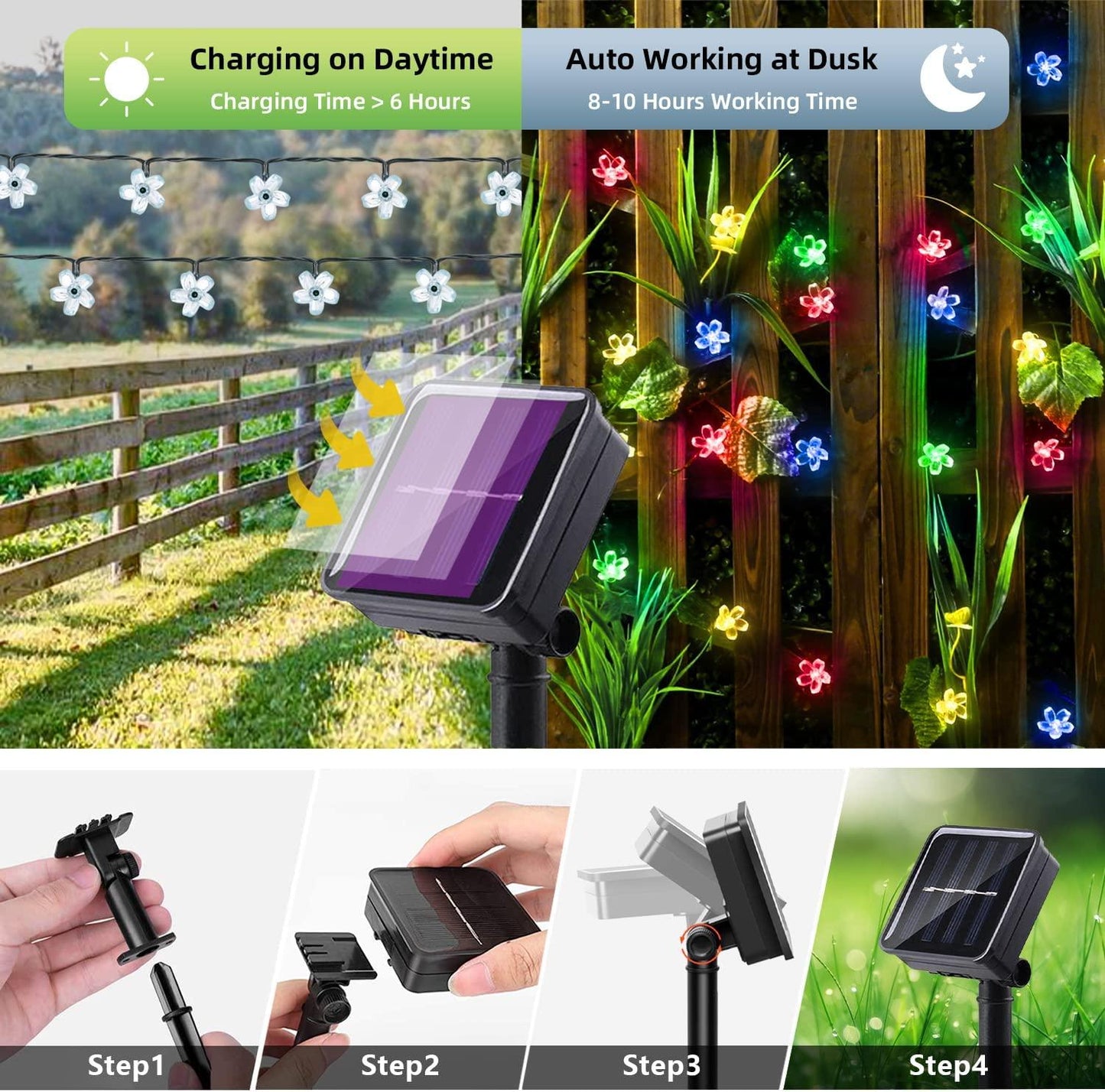 Solar String Flower Lights Outdoor Waterproof 50 LED Fairy Light Decorations for Garden Fence Patio Yard Christmas Tree - Decotree.co Online Shop
