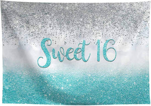 Sweet 16 Silver Blue Bokeh Glitter Backdrop 7x5ft for Girls Happy 16th Birthday Party Decorations - Decotree.co Online Shop