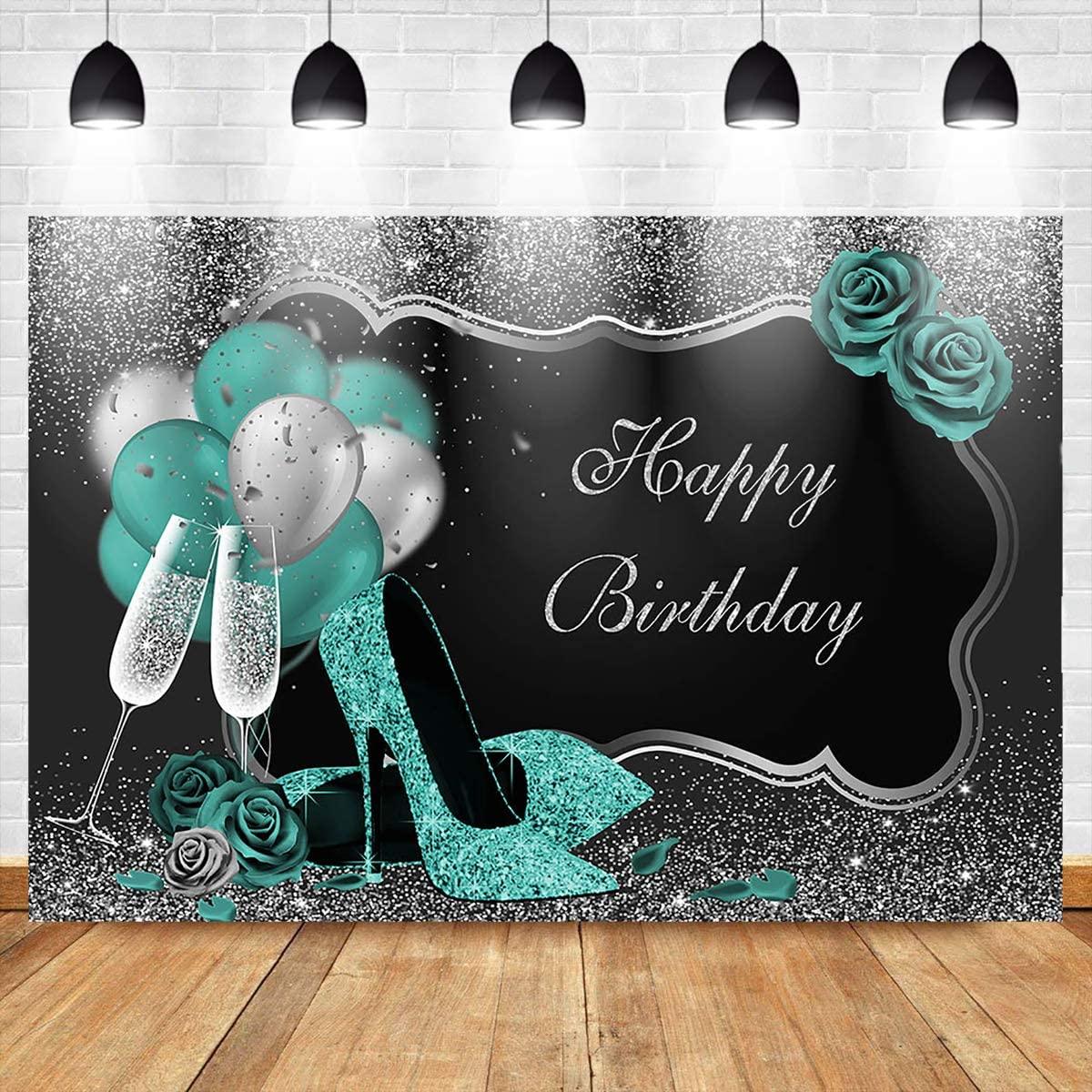 Teal Silver Happy Birthday Backdrop Glitter Green Balloons High Heels Champagne Woman's Birthday Photography Background - Decotree.co Online Shop