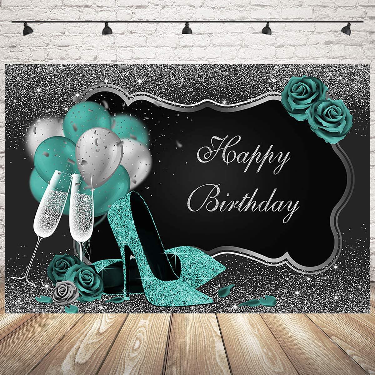 Teal Silver Happy Birthday Backdrop Glitter Green Balloons High Heels Champagne Woman's Birthday Photography Background - Decotree.co Online Shop