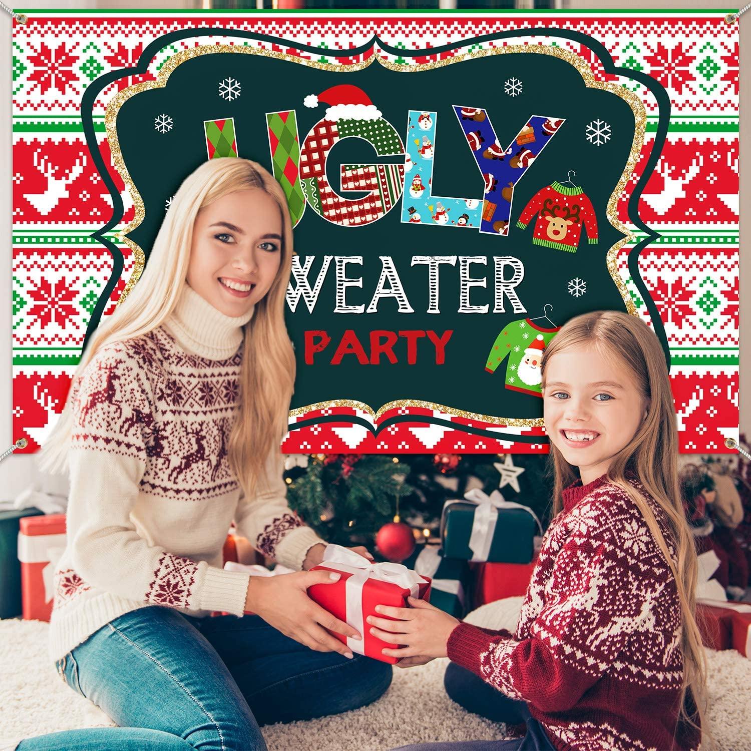 Ugly Sweater Party Supplies Large Fabric Red and Green Ugly Xmas Sweater Party Backdrop for Ugly Sweater - Decotree.co Online Shop