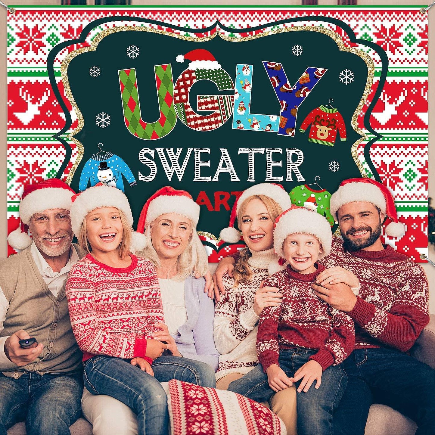 Ugly Sweater Party Supplies Large Fabric Red and Green Ugly Xmas Sweater Party Backdrop for Ugly Sweater - Decotree.co Online Shop