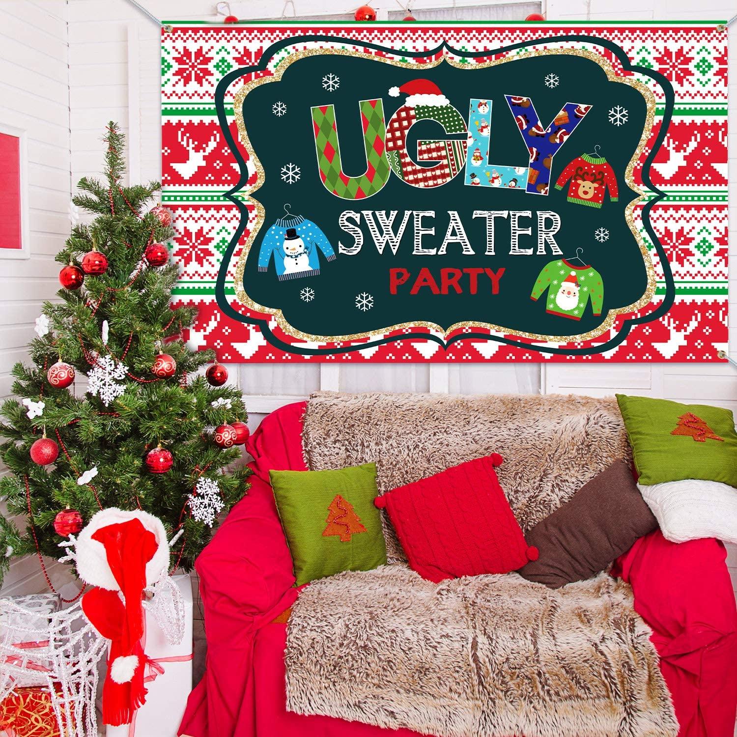 Ugly Sweater Party Supplies Large Fabric Red and Green Ugly Xmas Sweater Party Backdrop for Ugly Sweater - Decotree.co Online Shop