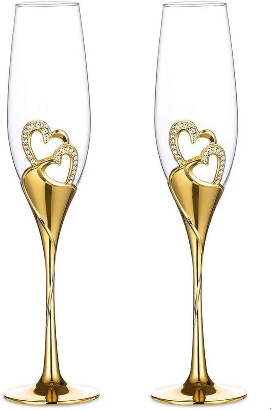 Wedding Champagne Glass Set Gold Toasting Flute Glasses Deluxe Pack of 2 with Rhinestone Rimmed Hearts - Decotree.co Online Shop