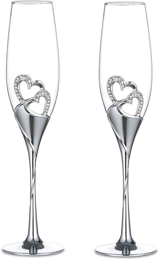 Wedding Champagne Glass Set Gold Toasting Flute Glasses Deluxe Pack of 2 with Rhinestone Rimmed Hearts - Decotree.co Online Shop