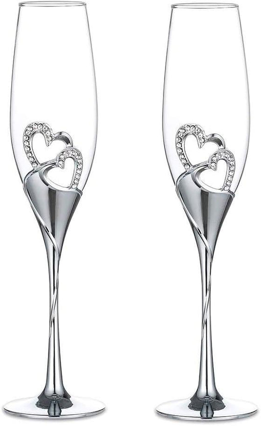 Wedding Champagne Glass Set Gold Toasting Flute Glasses Deluxe Pack of 2 with Rhinestone Rimmed Hearts - Decotree.co Online Shop