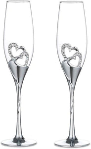 Wedding Champagne Glass Set Gold Toasting Flute Glasses Deluxe Pack of 2 with Rhinestone Rimmed Hearts - Decotree.co Online Shop