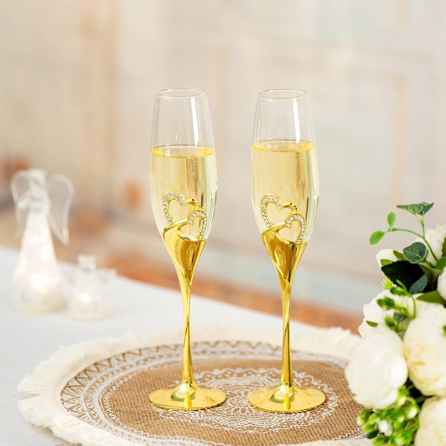 Wedding Champagne Glass Set Gold Toasting Flute Glasses Deluxe Pack of 2 with Rhinestone Rimmed Hearts - Decotree.co Online Shop