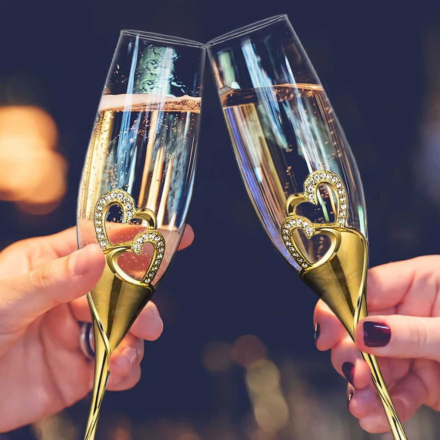 Wedding Champagne Glass Set Gold Toasting Flute Glasses Deluxe Pack of 2 with Rhinestone Rimmed Hearts - Decotree.co Online Shop