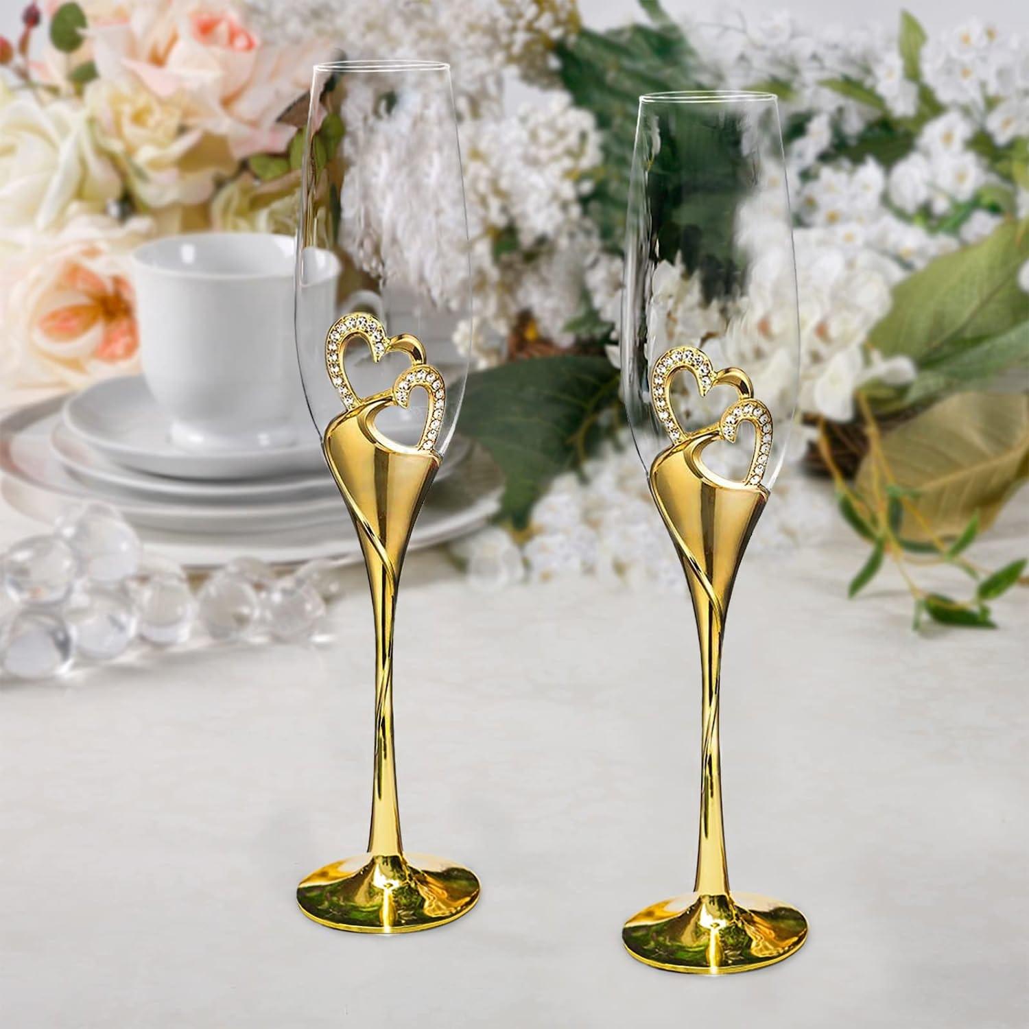Wedding Champagne Glass Set Gold Toasting Flute Glasses Deluxe Pack of 2 with Rhinestone Rimmed Hearts - Decotree.co Online Shop