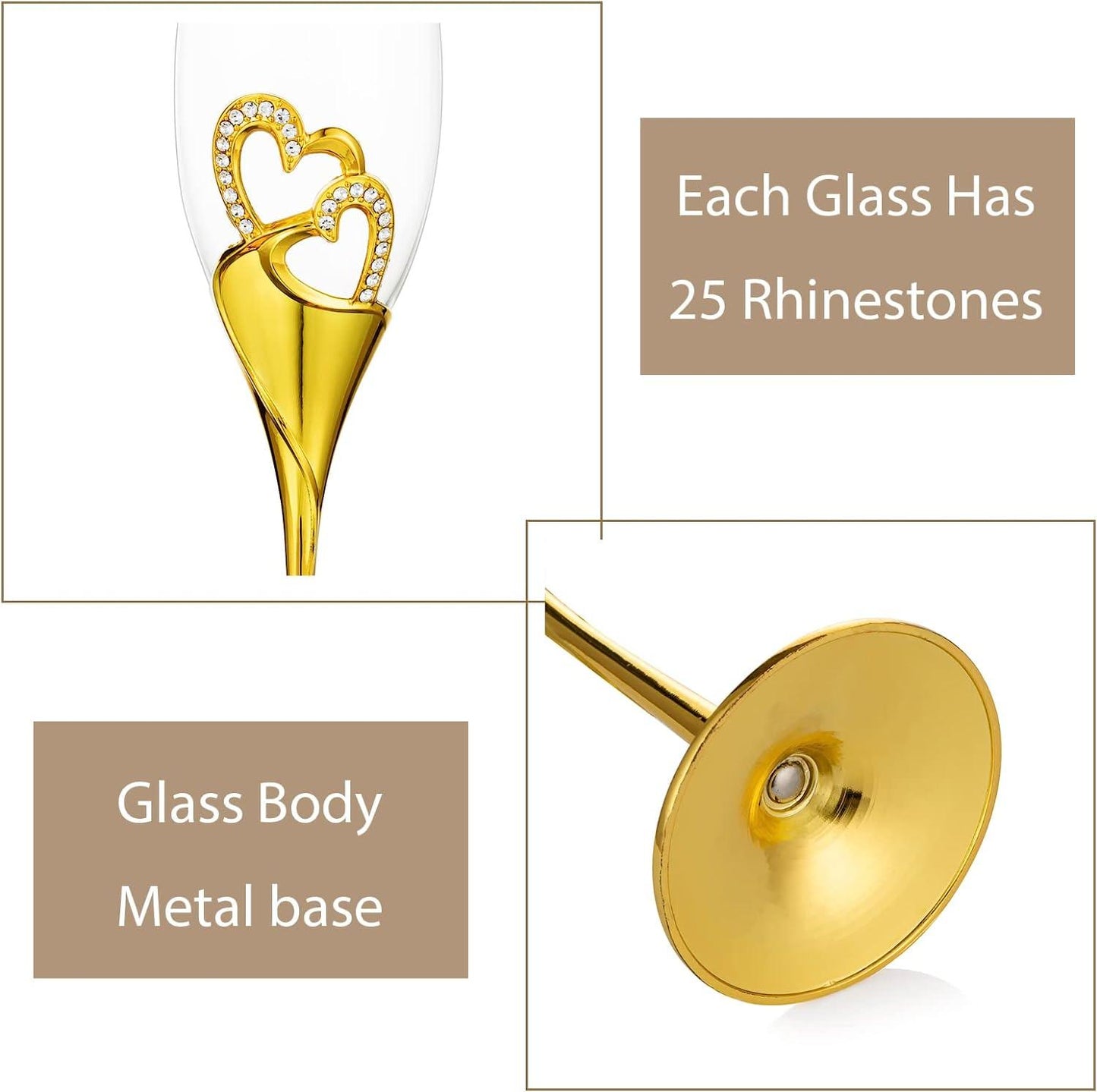 Wedding Champagne Glass Set Gold Toasting Flute Glasses Deluxe Pack of 2 with Rhinestone Rimmed Hearts - Decotree.co Online Shop